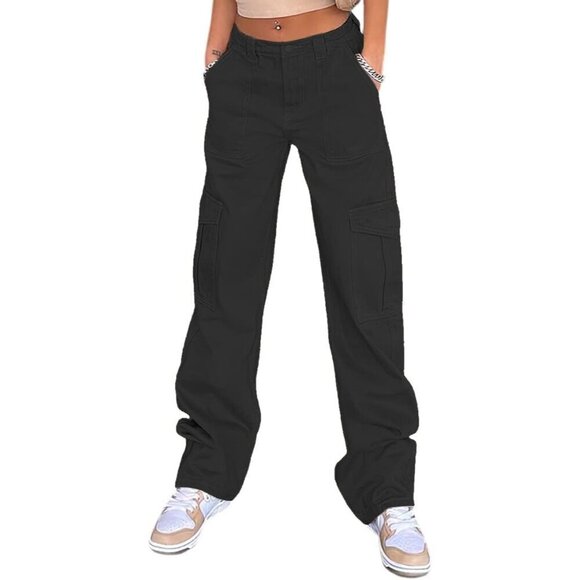 Pants - High Waist Cargo Pants Women Cotton Spandex Relaxed Fit Pockets Wide Leg